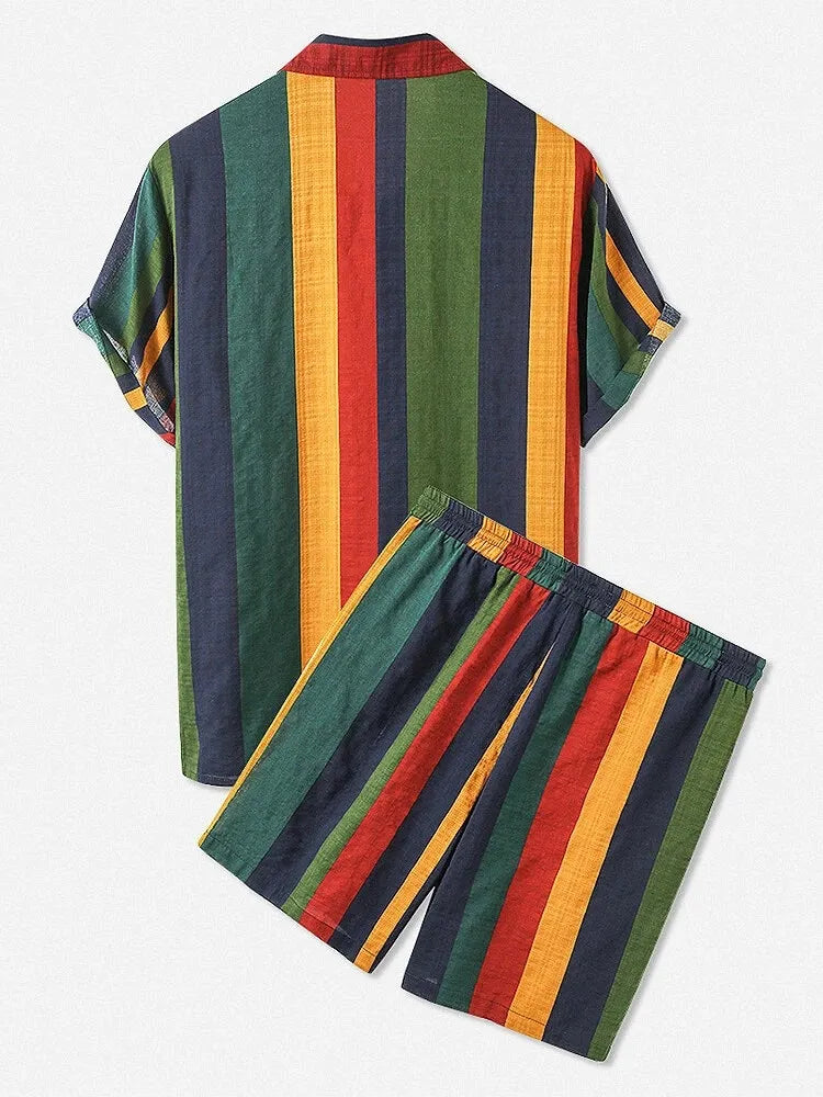 Men's Striped Button Up Shirt and Shorts Set
