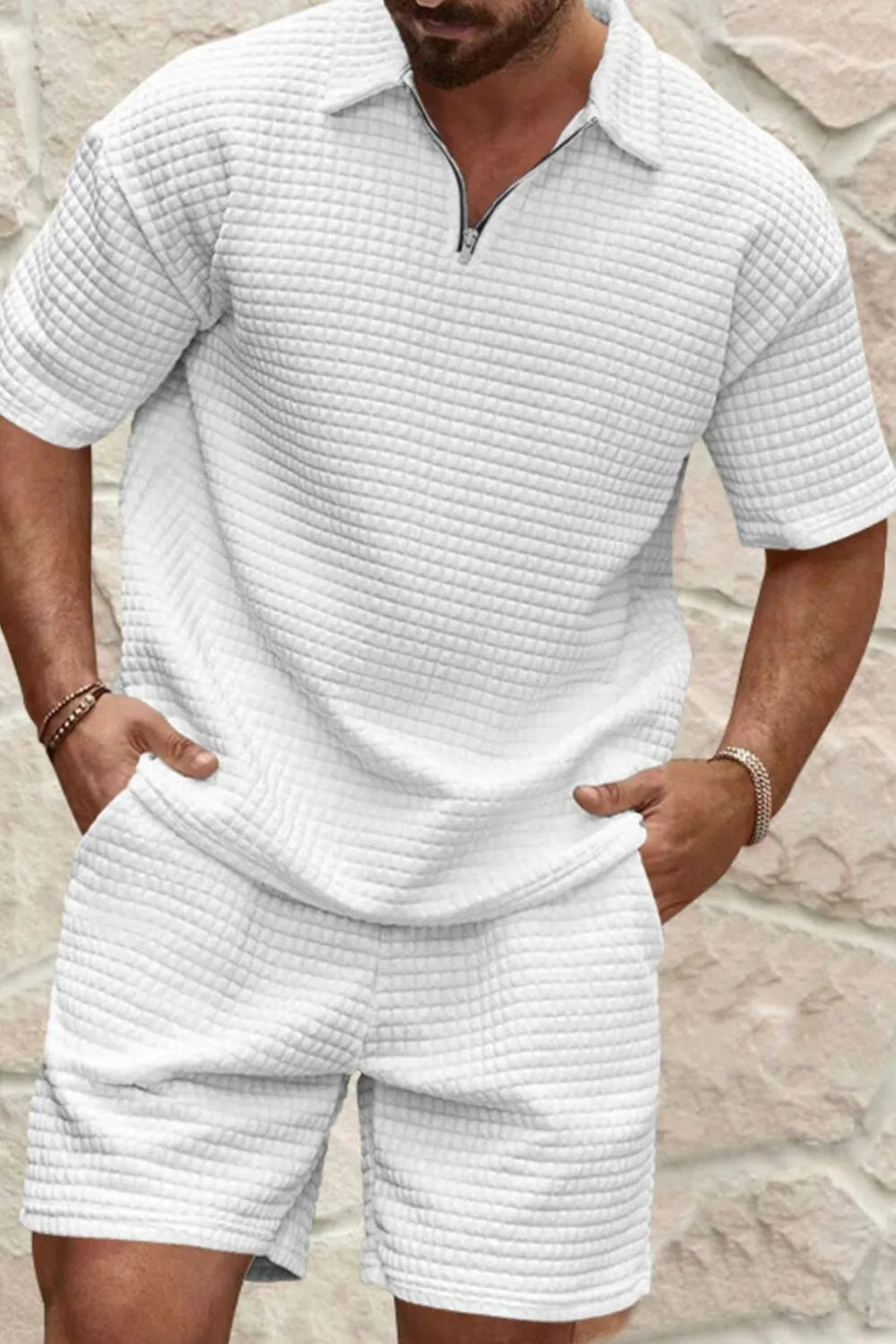 Men's Zip Collar Short Sleeve Top and Shorts Set
