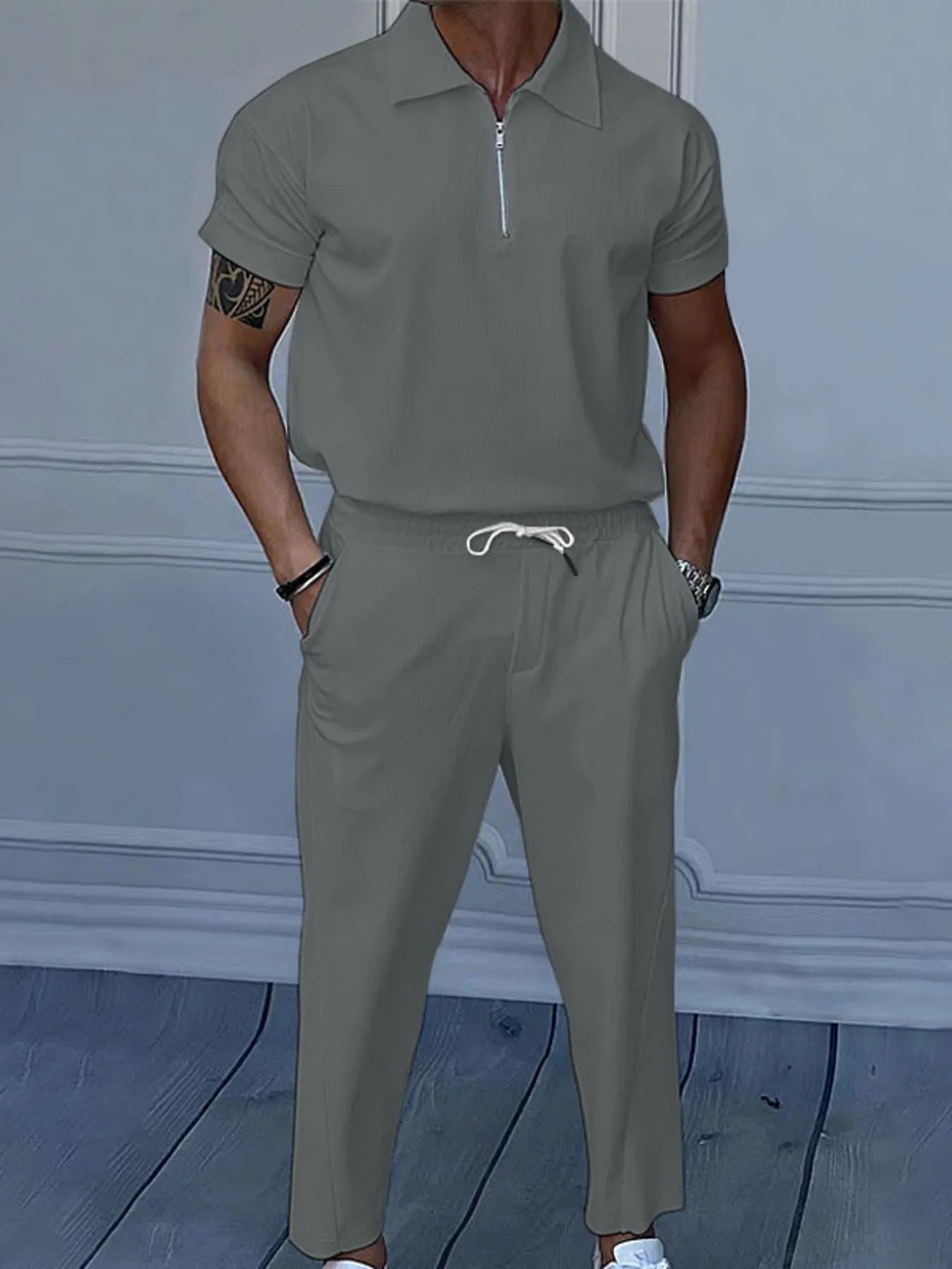 Men's Quarter Zip Short Sleeve Polo and Pants Set
