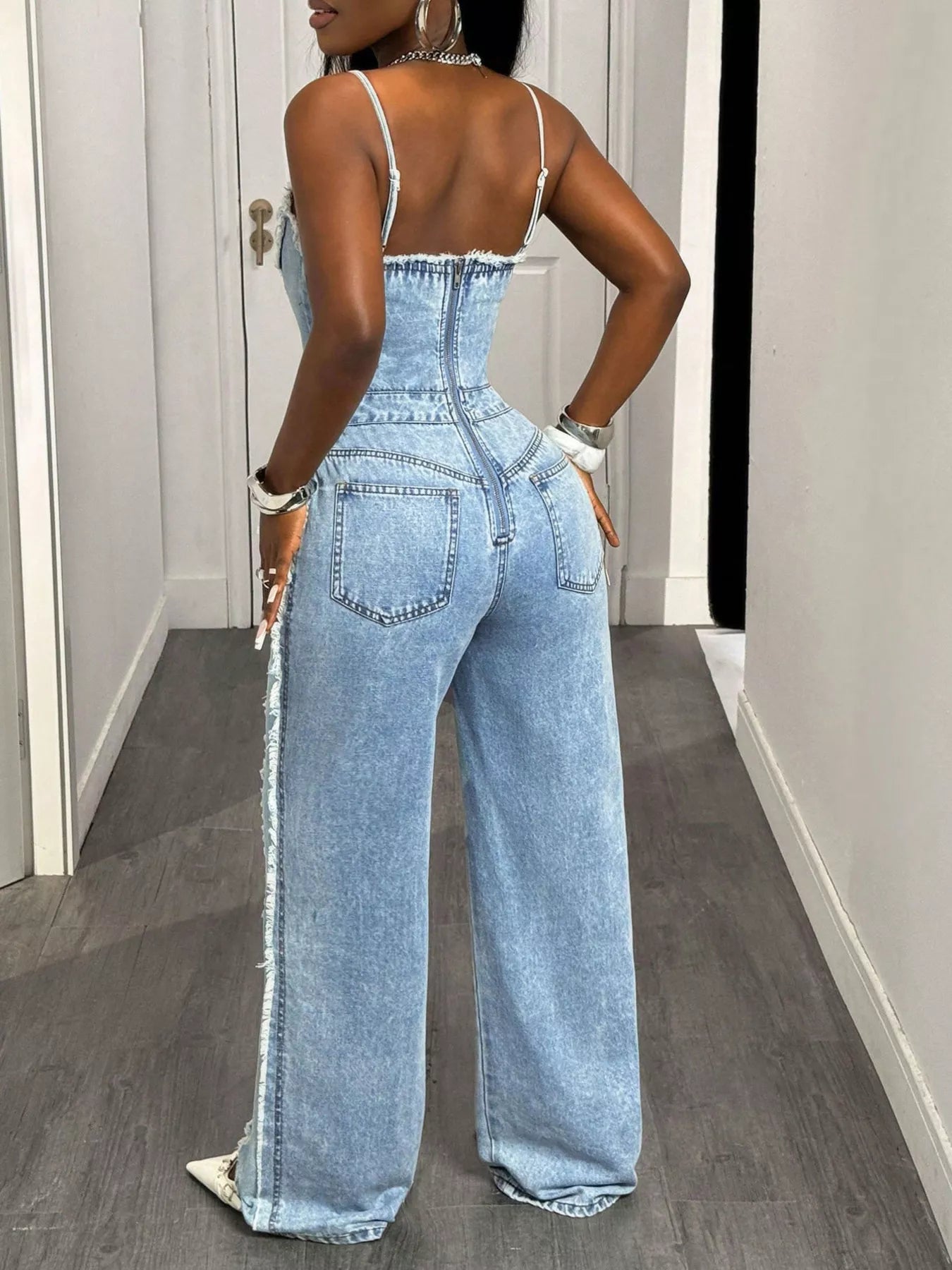 Distressed Spaghetti Strap Wide-Leg Denim Jumpsuit