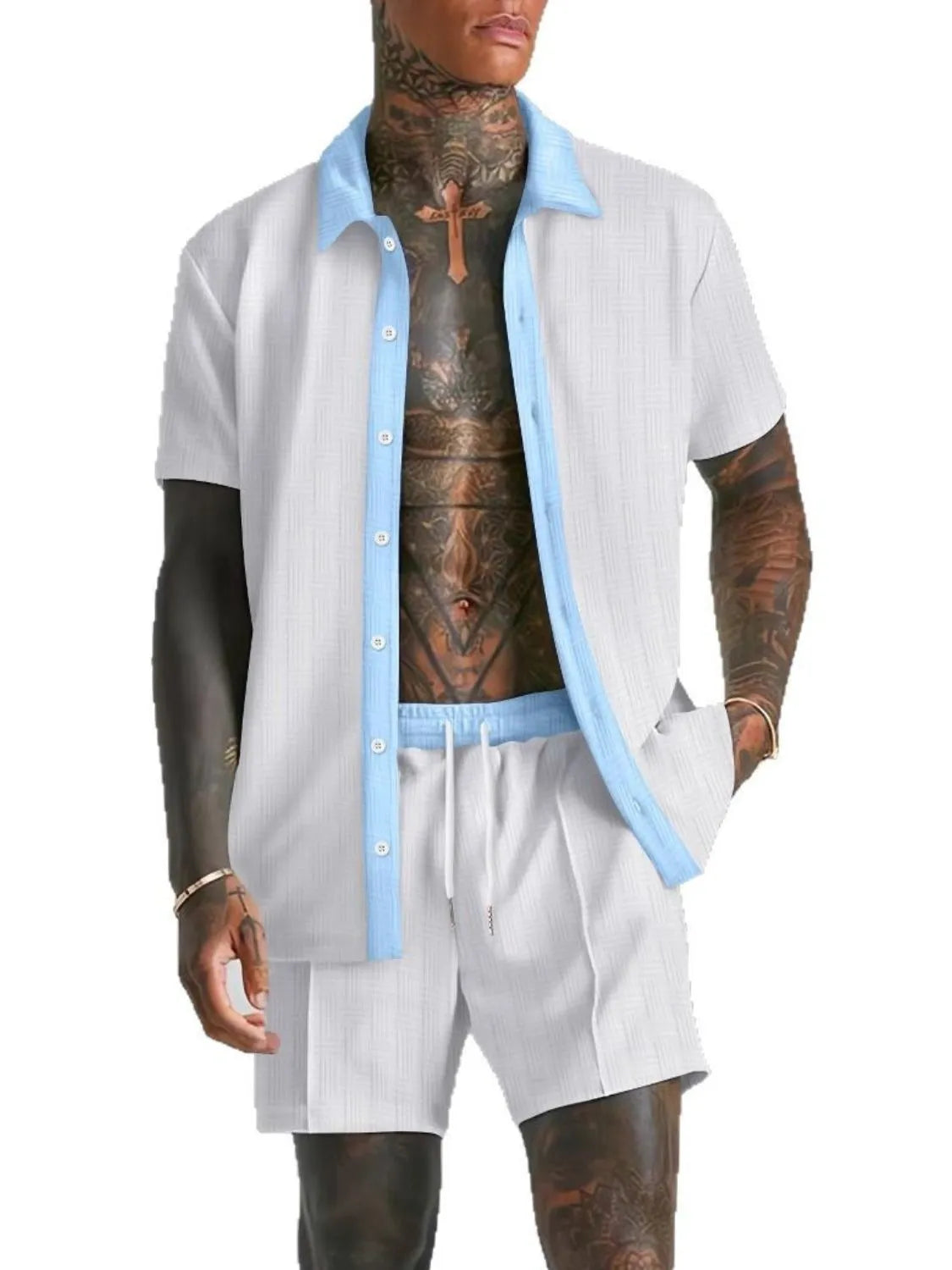 Men's Full Size Detailed Top and Shorts Set