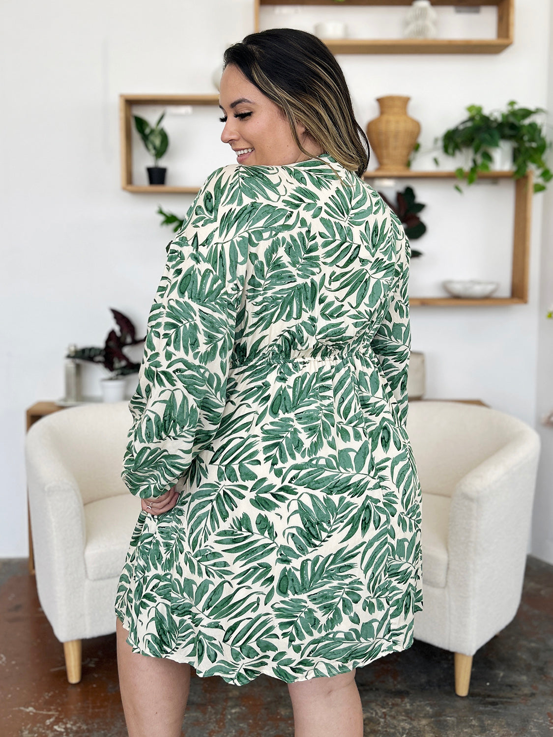 Printed Ruched Balloon Sleeve Dress - MONLANE