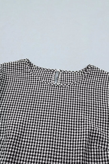 Gingham Bow Half Sleeve Blouse