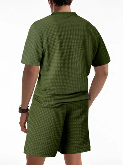 Men's Textured Round Neck Top and Shorts Set