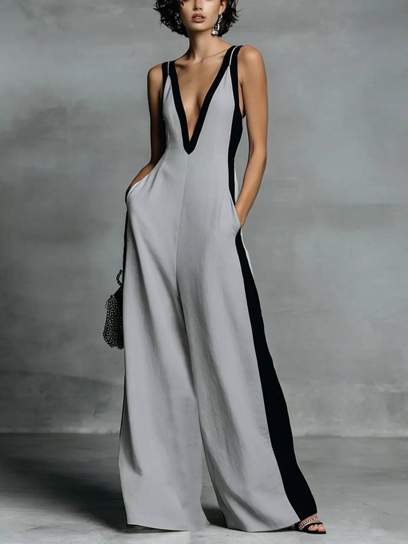 Deep V-Neck Wide-Leg Jumpsuit