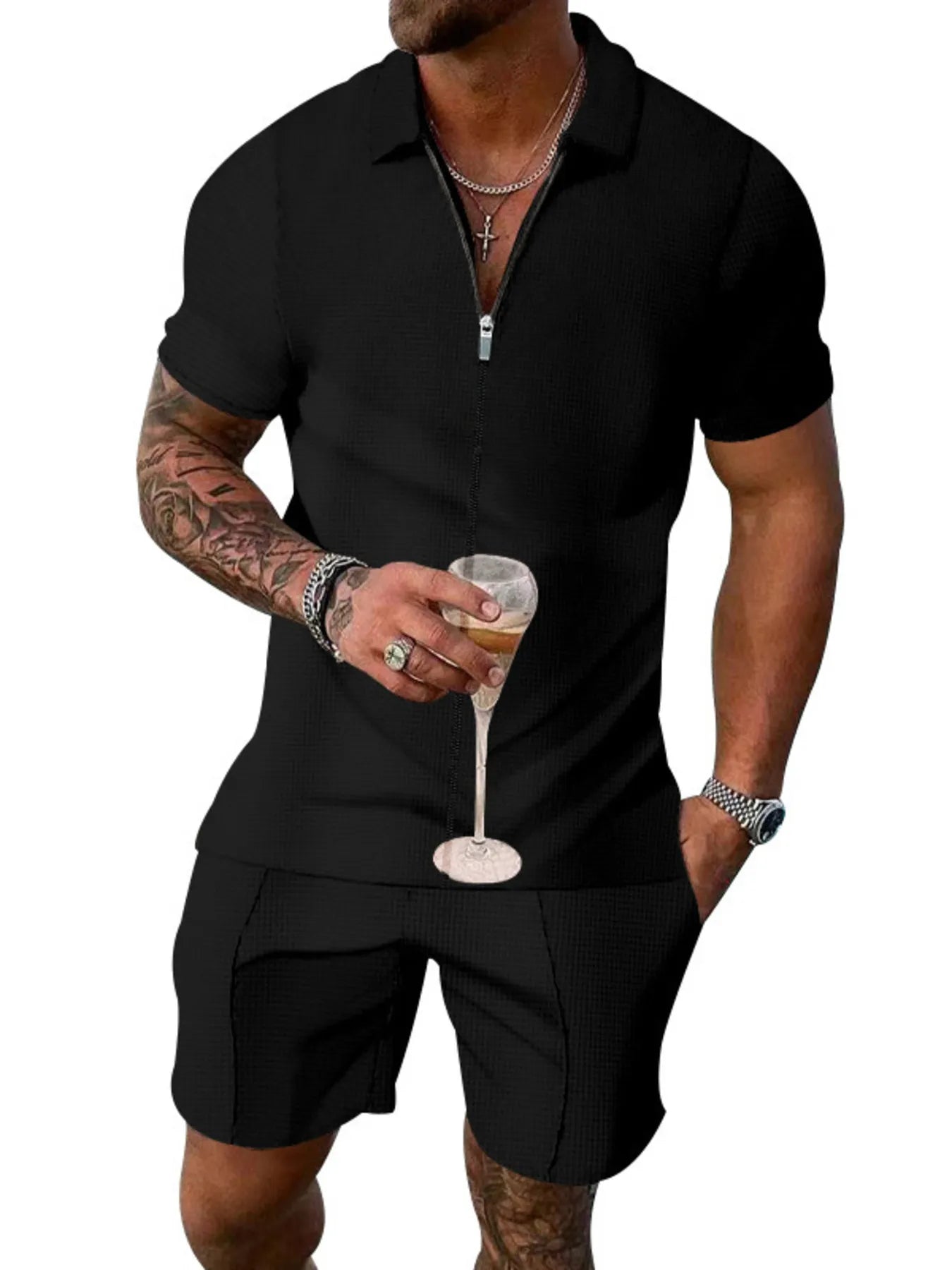 Men's Zip Up Short Sleeve Top and Shorts Set
