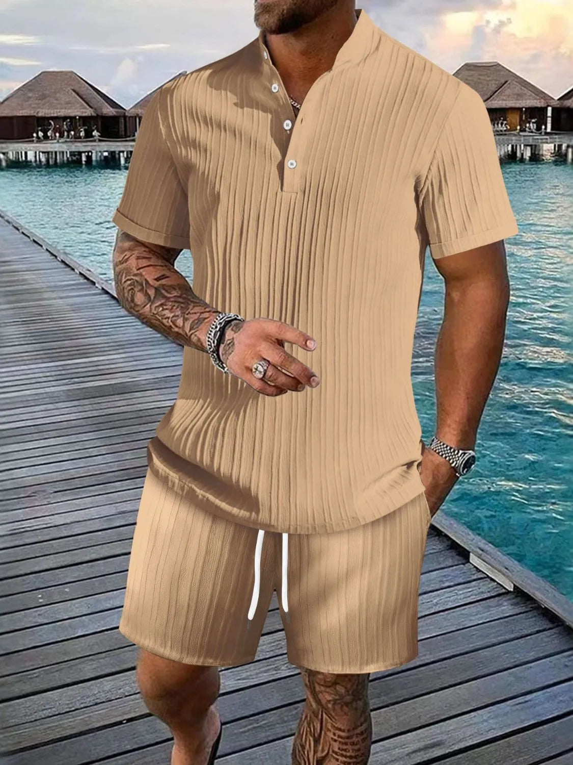 Men's Button Detail Short Sleeve Top and Shorts Set