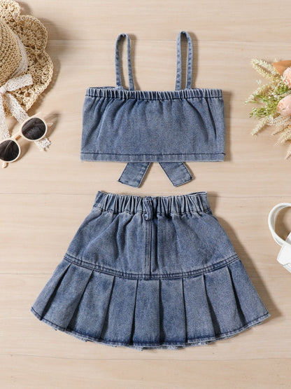 Children's Denim Bowknot Crop Top and Pleated Skirt Set