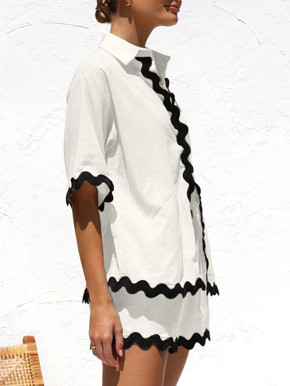 Contrast Trim Half Sleeve Shorts Set