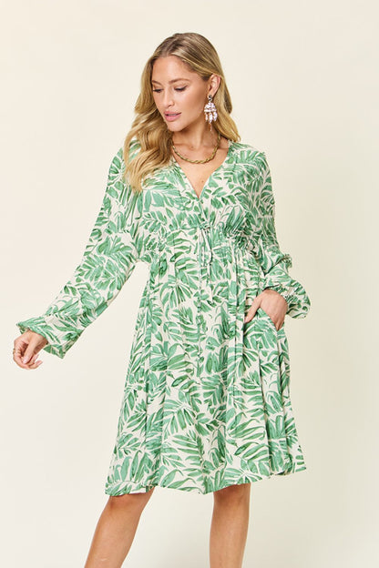 Printed Ruched Balloon Sleeve Dress - MONLANE