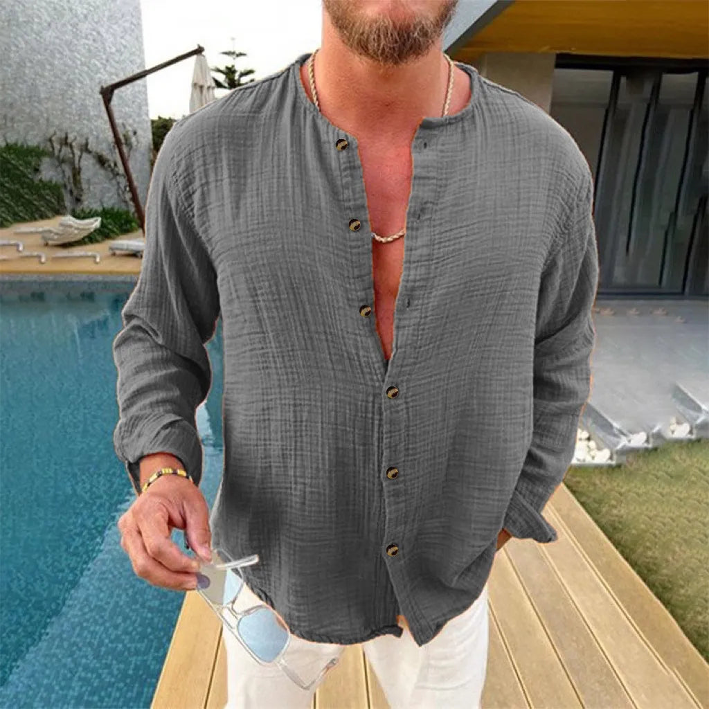 Men's Full Size Linen Button-Down Shirt