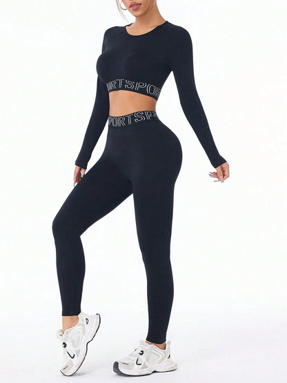 Letter Print Round Neck Active Set - MONLANE