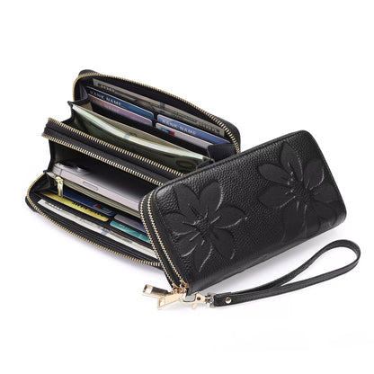 Floral Embossed Leather Zipper Wallet