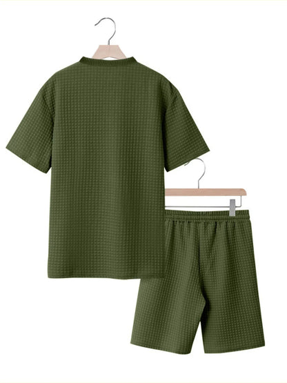 Men's Textured Round Neck Top and Shorts Set