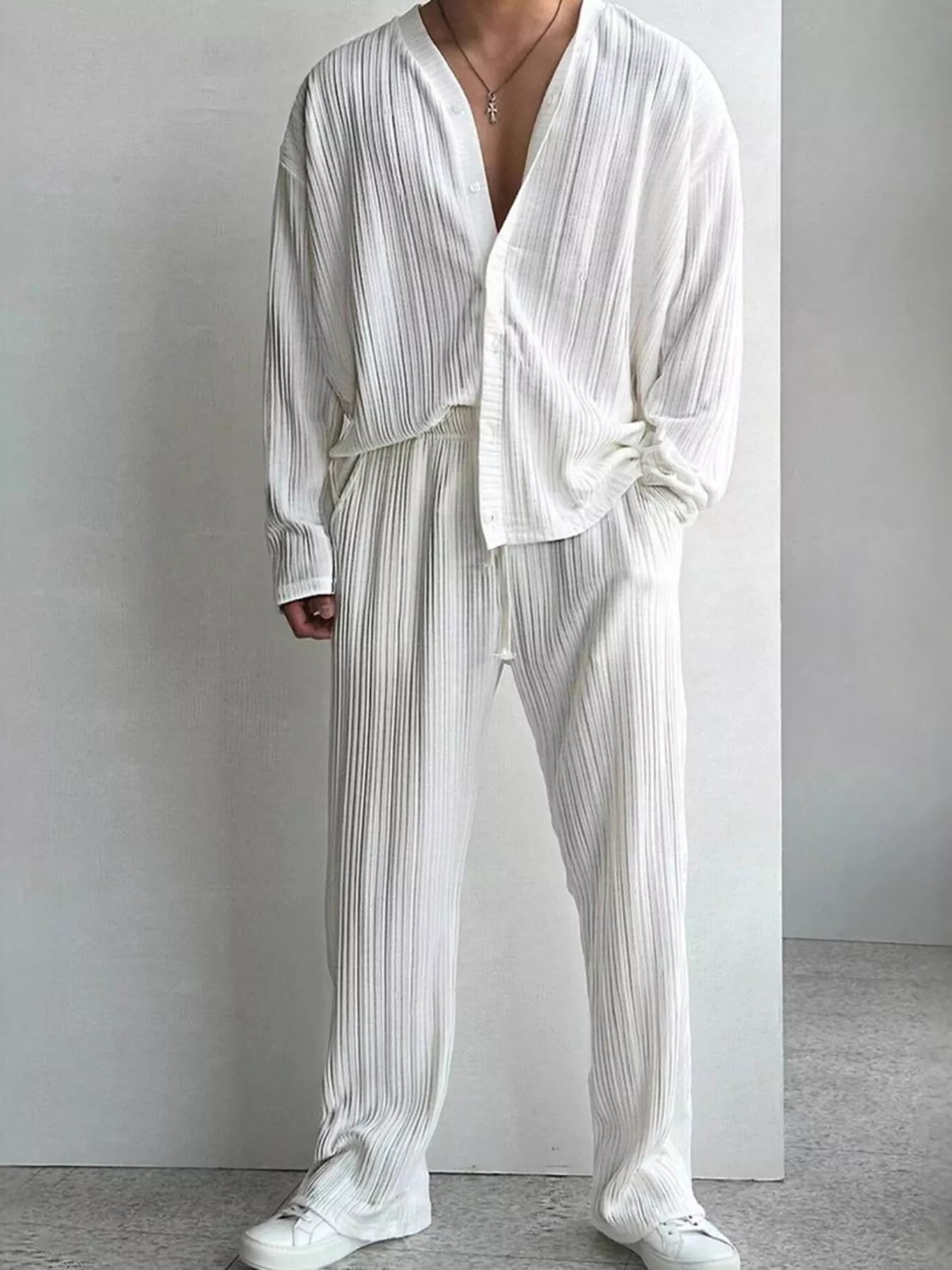 Men's Textured Button Up Shirt and Pants Set Plus Size