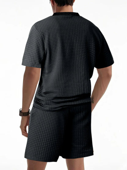 Men's Textured Round Neck Top and Shorts Set