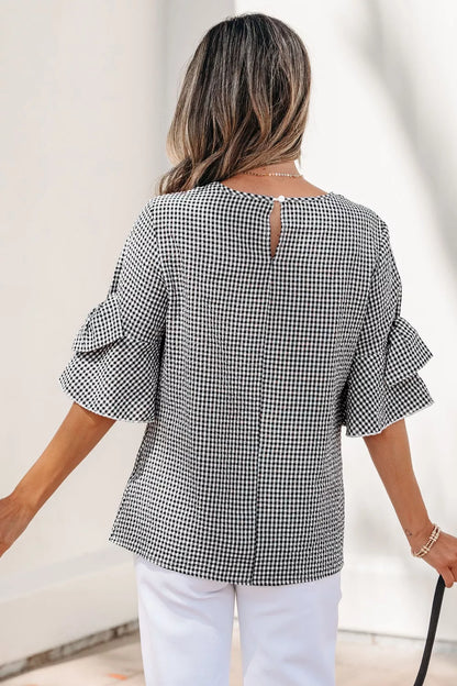 Gingham Bow Half Sleeve Blouse