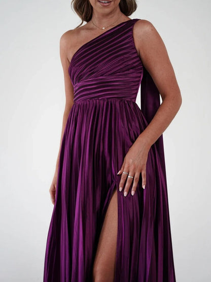 One-Shoulder Pleated Slit Dress