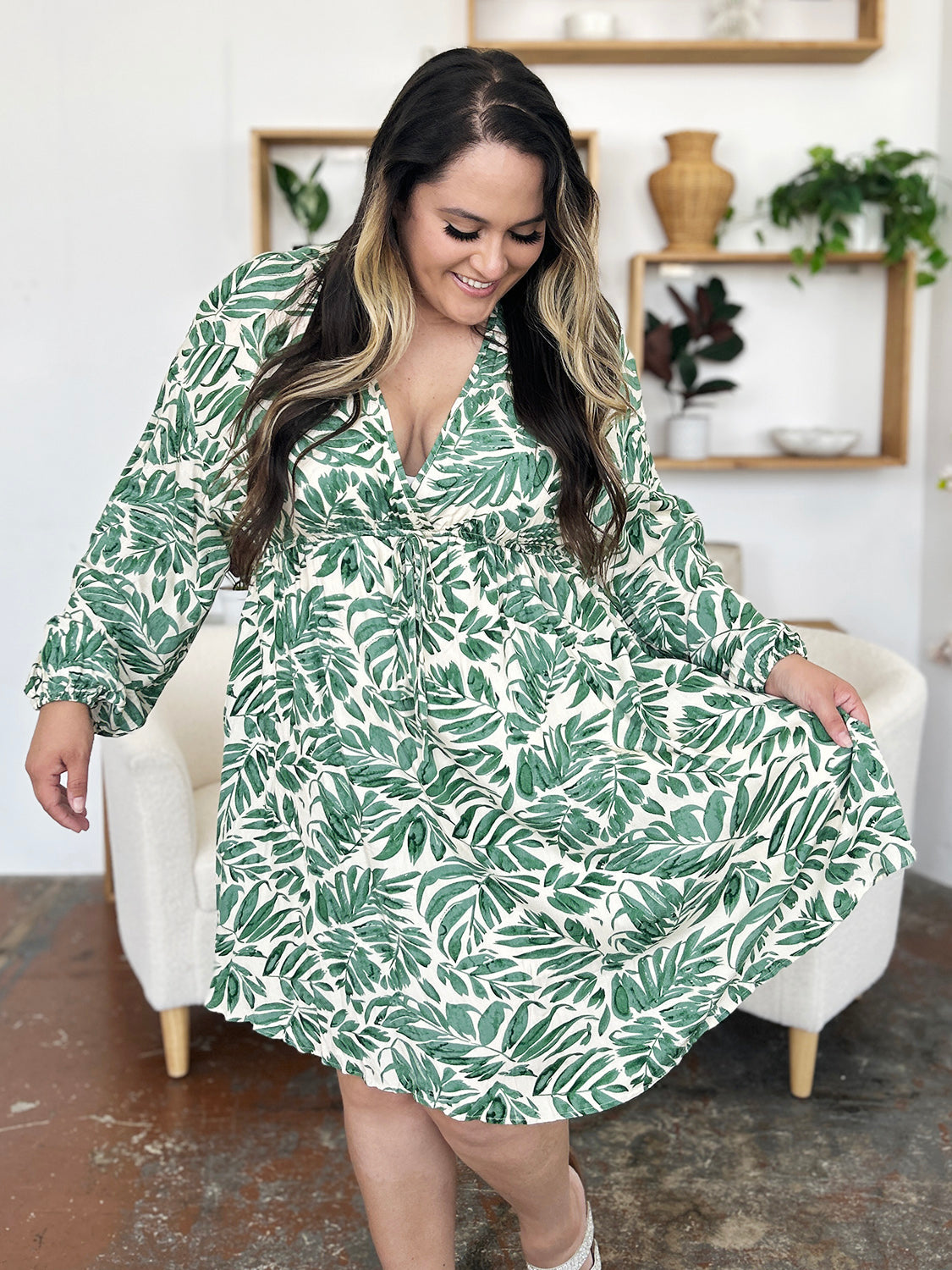 Printed Ruched Balloon Sleeve Dress