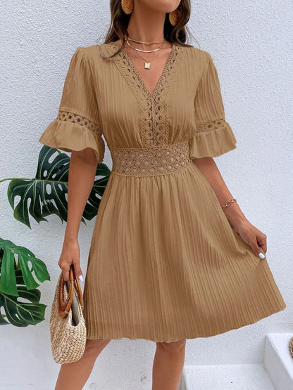 V-Neck Flounce Sleeve Mini Dress