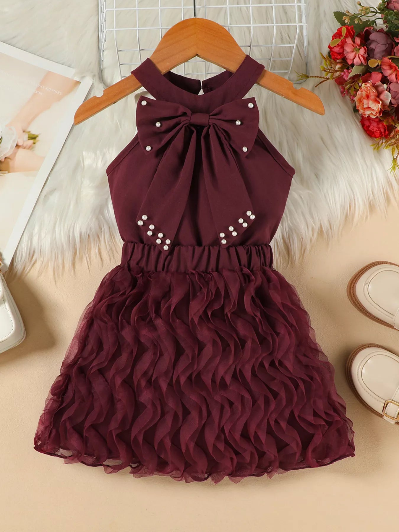 Children's Pearl Bowknot Top and Skirt Set