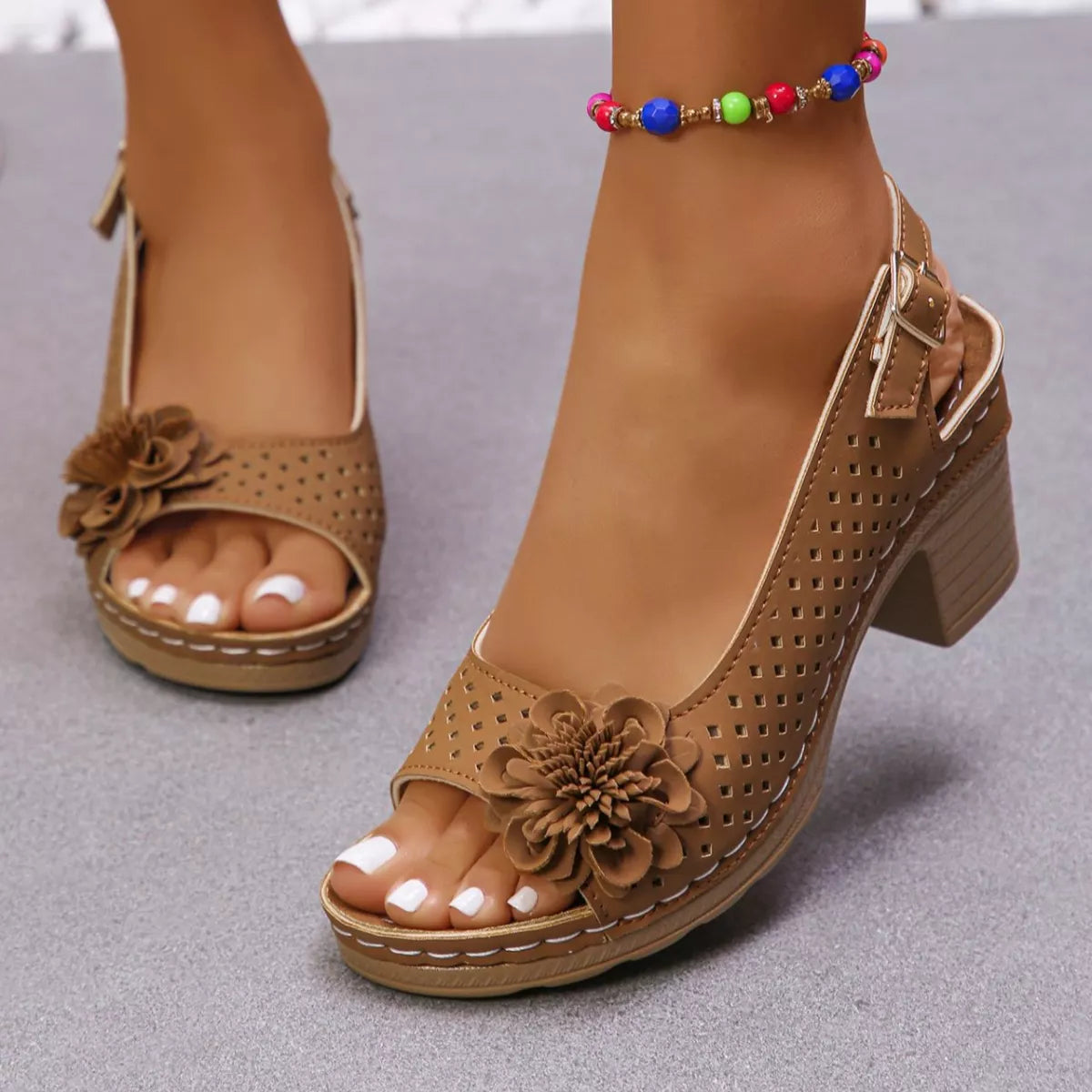 Floral Accent Block Heel Sandals
