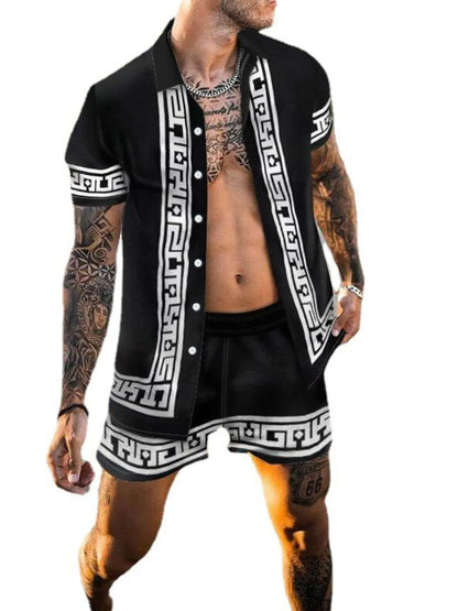 Men's Printed Button Up Top and Shorts Set