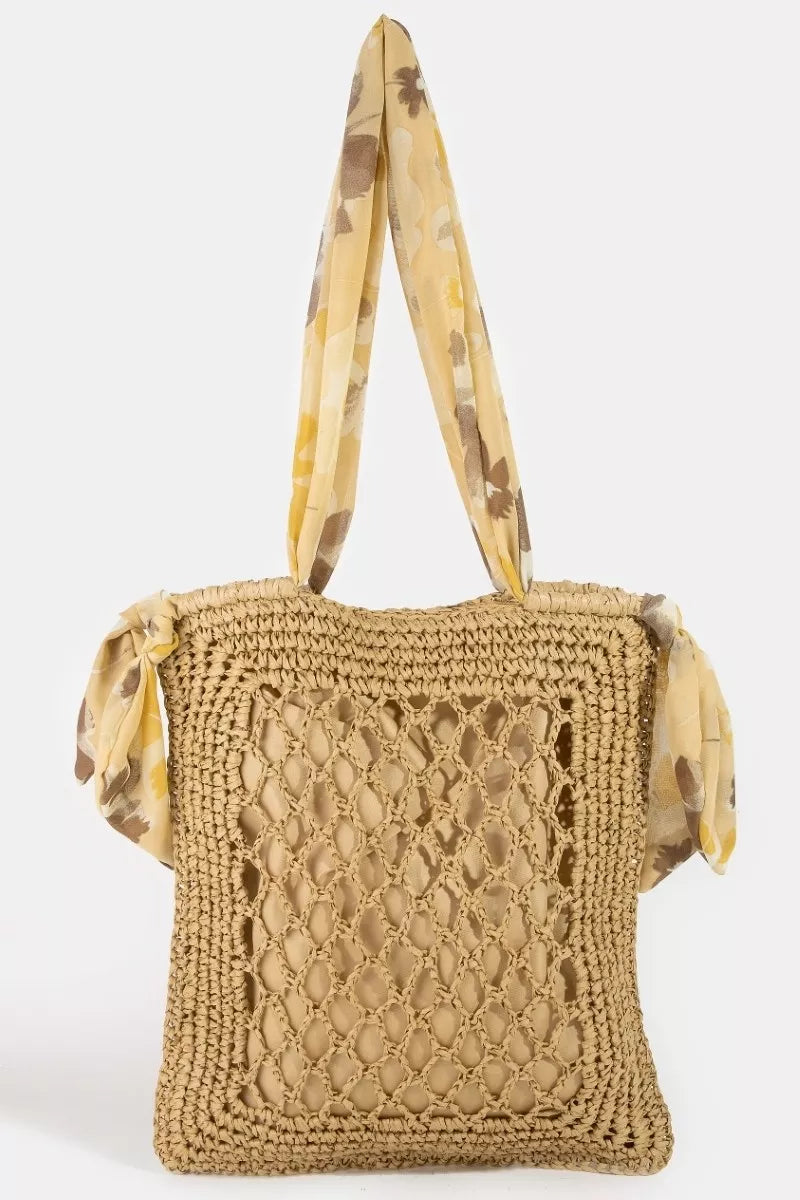Fame Tropical Bandana Strap Straw Braided Tote Bag