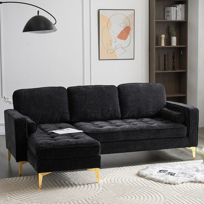 218*141*87cm 3-Seater With Footstool Chenille Rhombus Electroplated Golden Tripod Legs Indoor Modular Sofa Black
