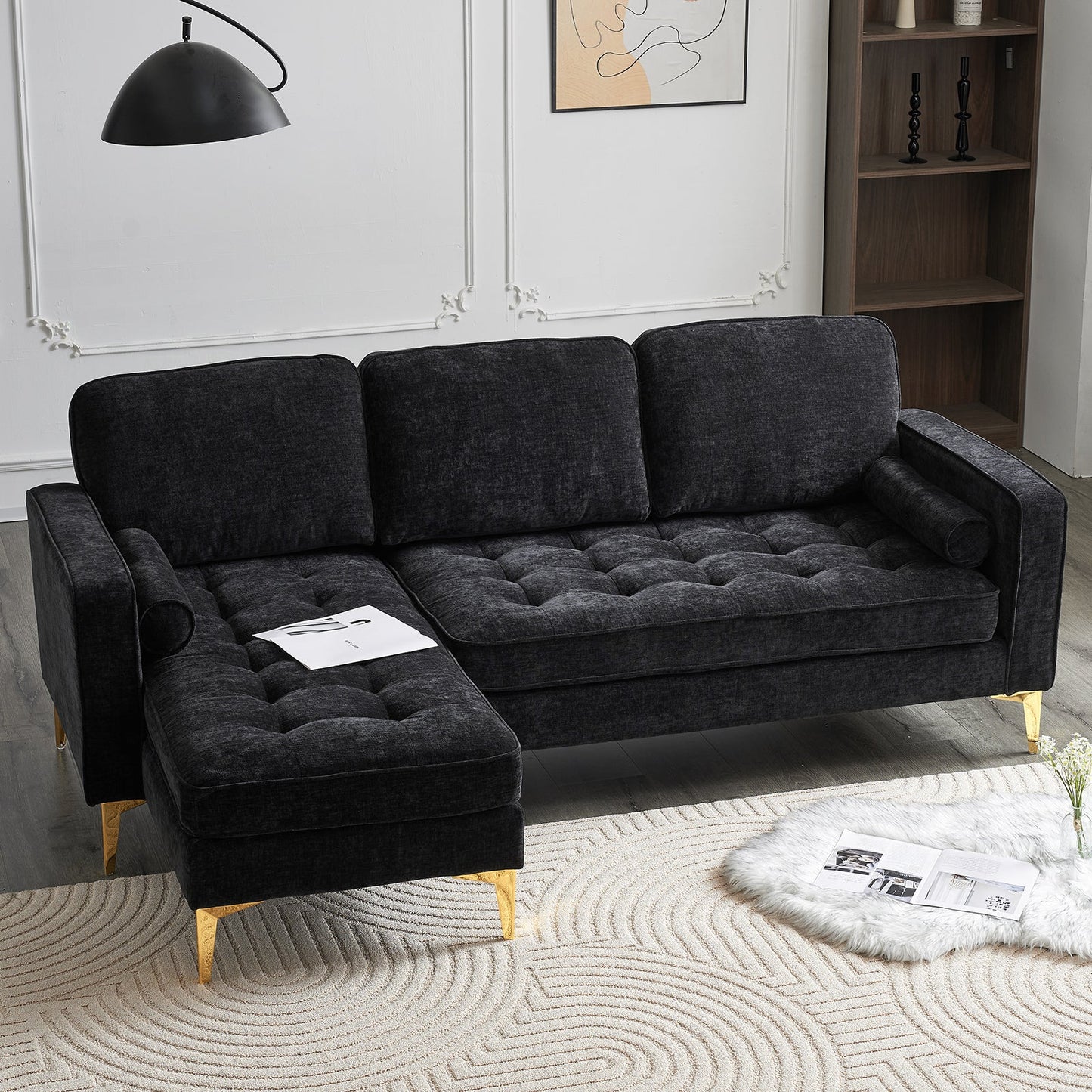 218*141*87cm 3-Seater With Footstool Chenille Rhombus Electroplated Golden Tripod Legs Indoor Modular Sofa Black