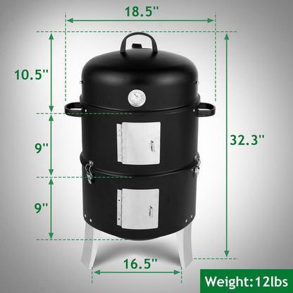 Vertical Steel Charcoal Smoker, Heavy Duty Double Layer Round BBQ Grill for Outdoor
