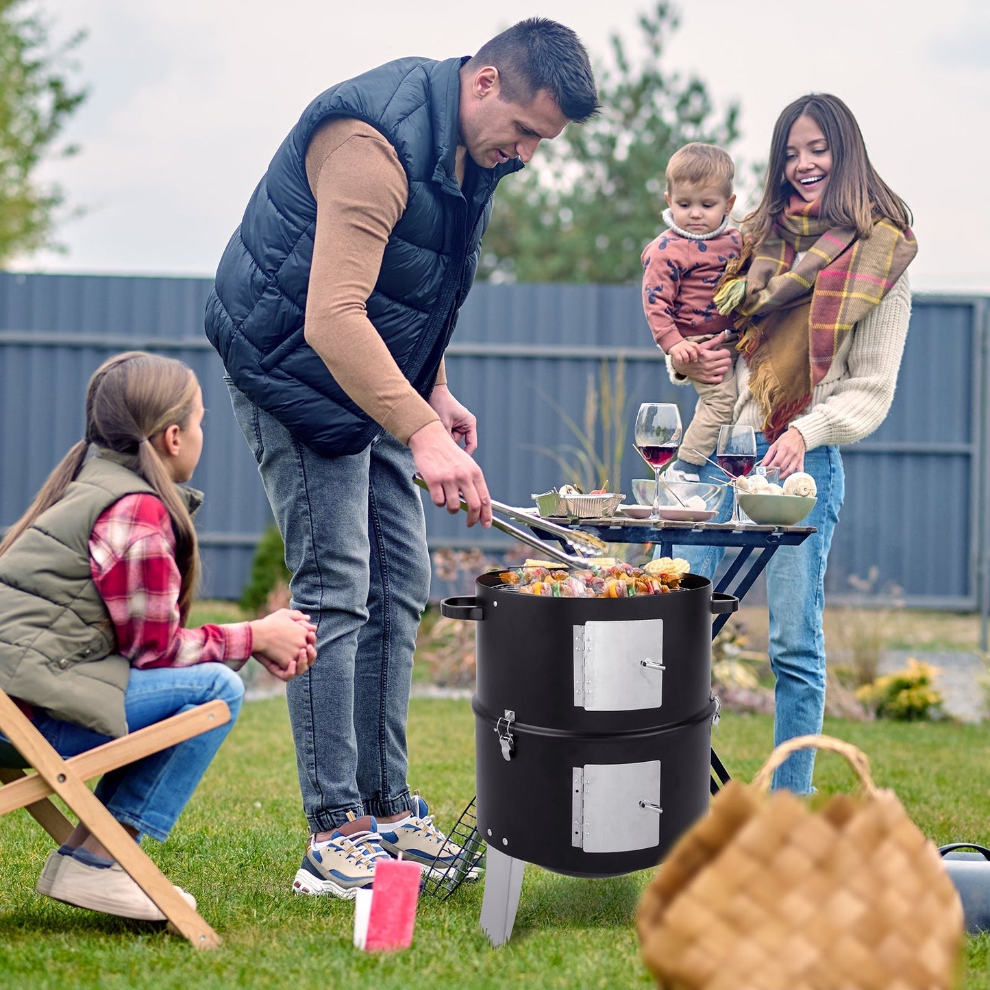 Vertical Steel Charcoal Smoker, Heavy Duty Double Layer Round BBQ Grill for Outdoor