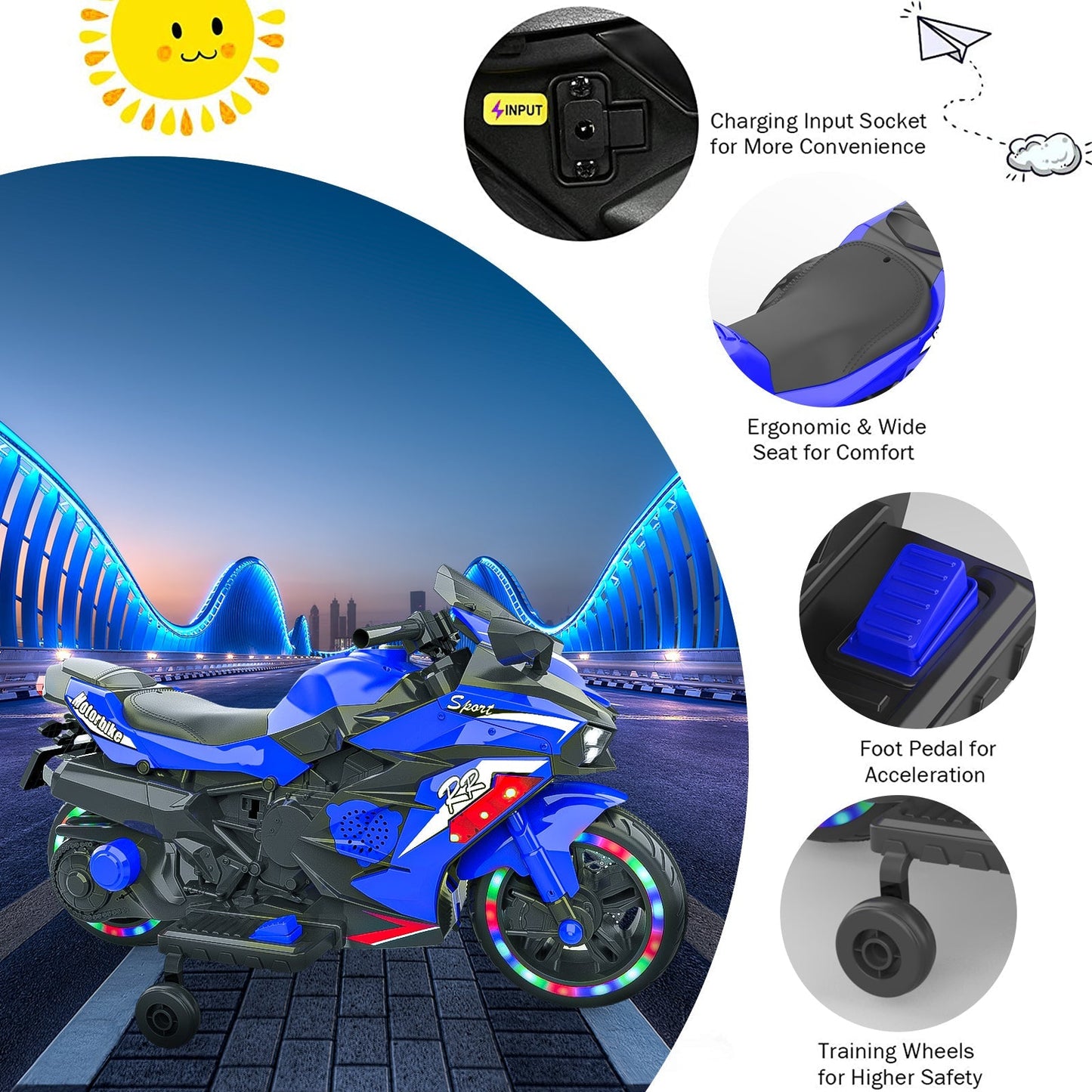 Kids Blue Bluetooth Ride On Motorcycle - MONLANE