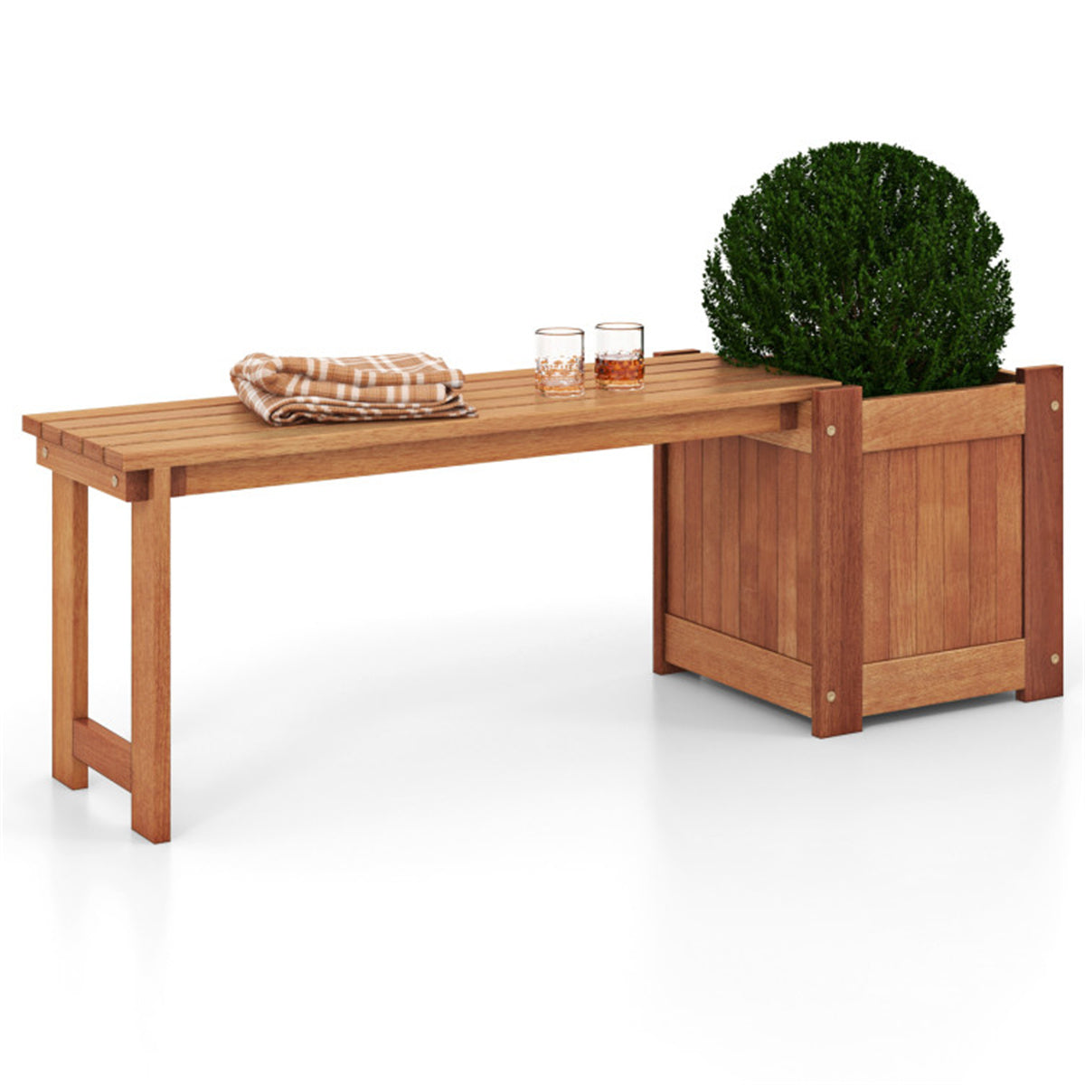 Outdoor bench with planter box