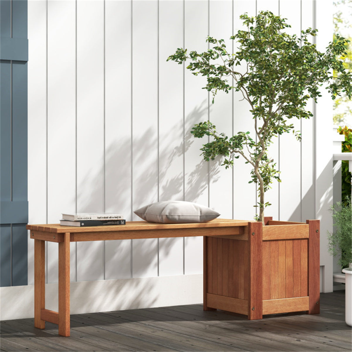 Outdoor bench with planter box