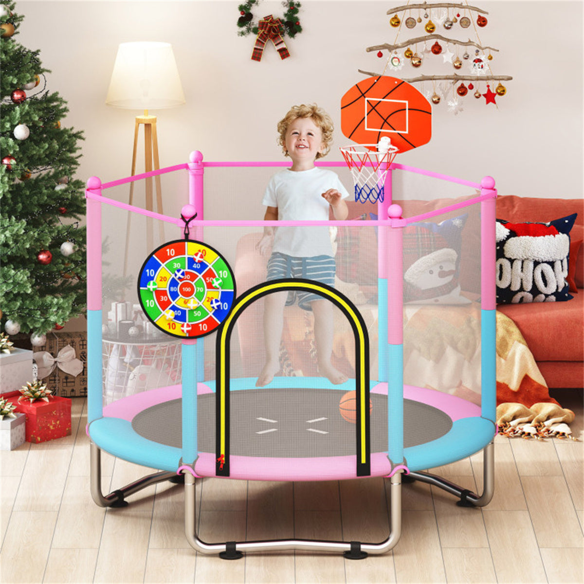 3-in-1 Kids Trampoline 60" with Basketball Hoop & Dartboard