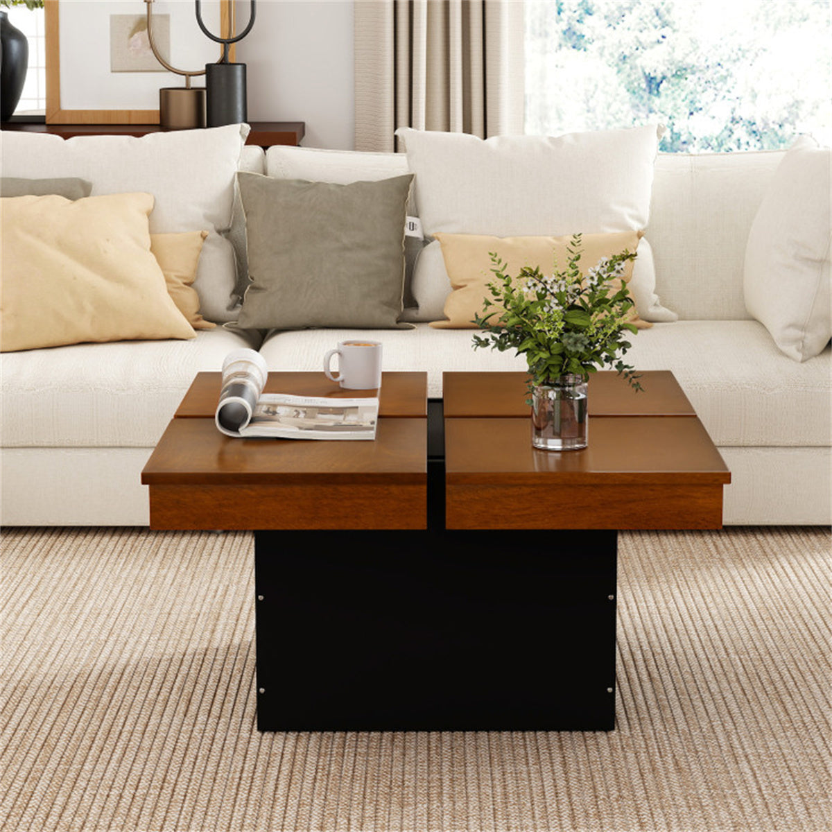 Modern Square Floating Coffee Table Okume Wood Veneer 4-Section Storage Walnut & Black