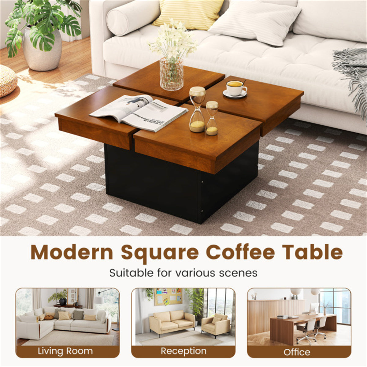 Modern Square Floating Coffee Table Okume Wood Veneer 4-Section Storage Walnut & Black