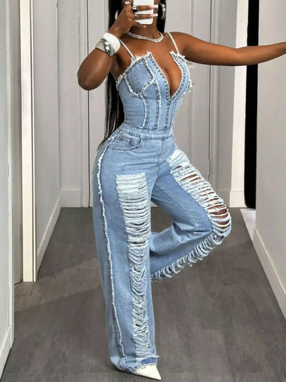 Distressed Spaghetti Strap Wide-Leg Denim Jumpsuit