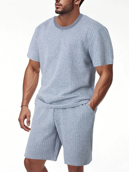 Men's Textured Round Neck Top and Shorts Set