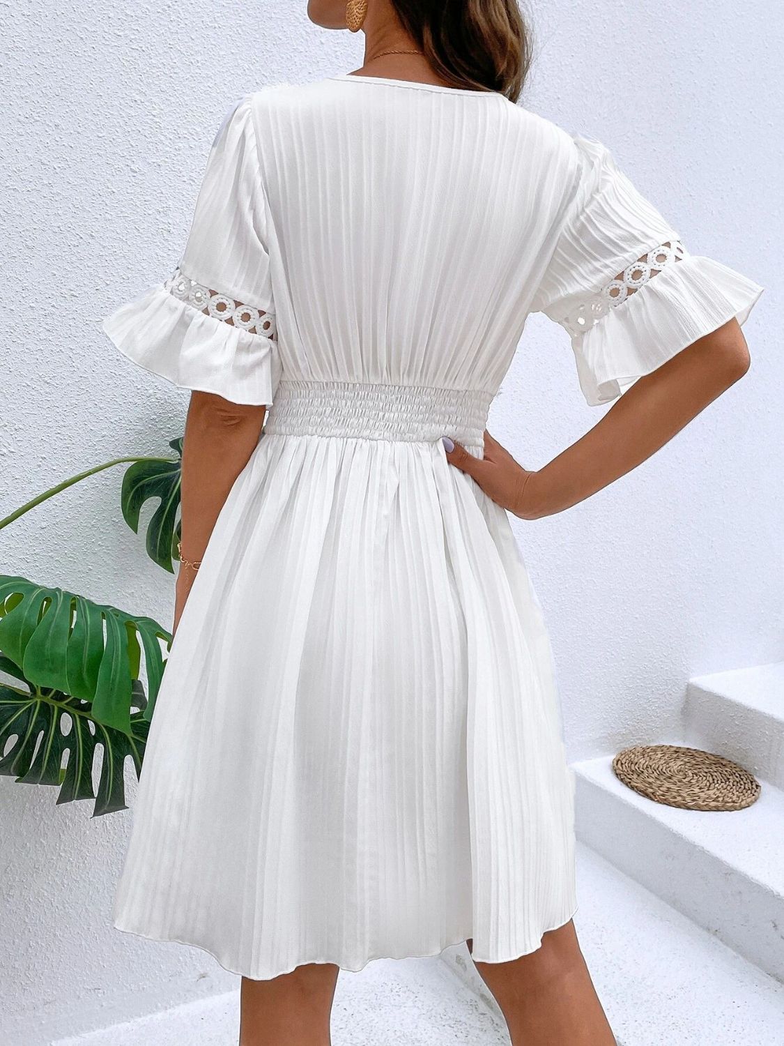 V-Neck Flounce Sleeve Mini Dress