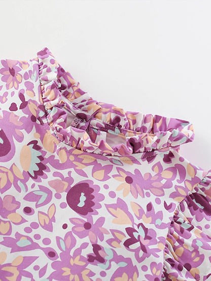 Children's Floral Print Ruffle Trim A-Line Dress
