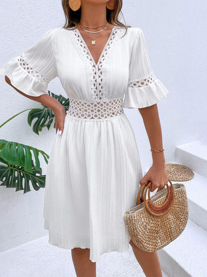 V-Neck Flounce Sleeve Mini Dress