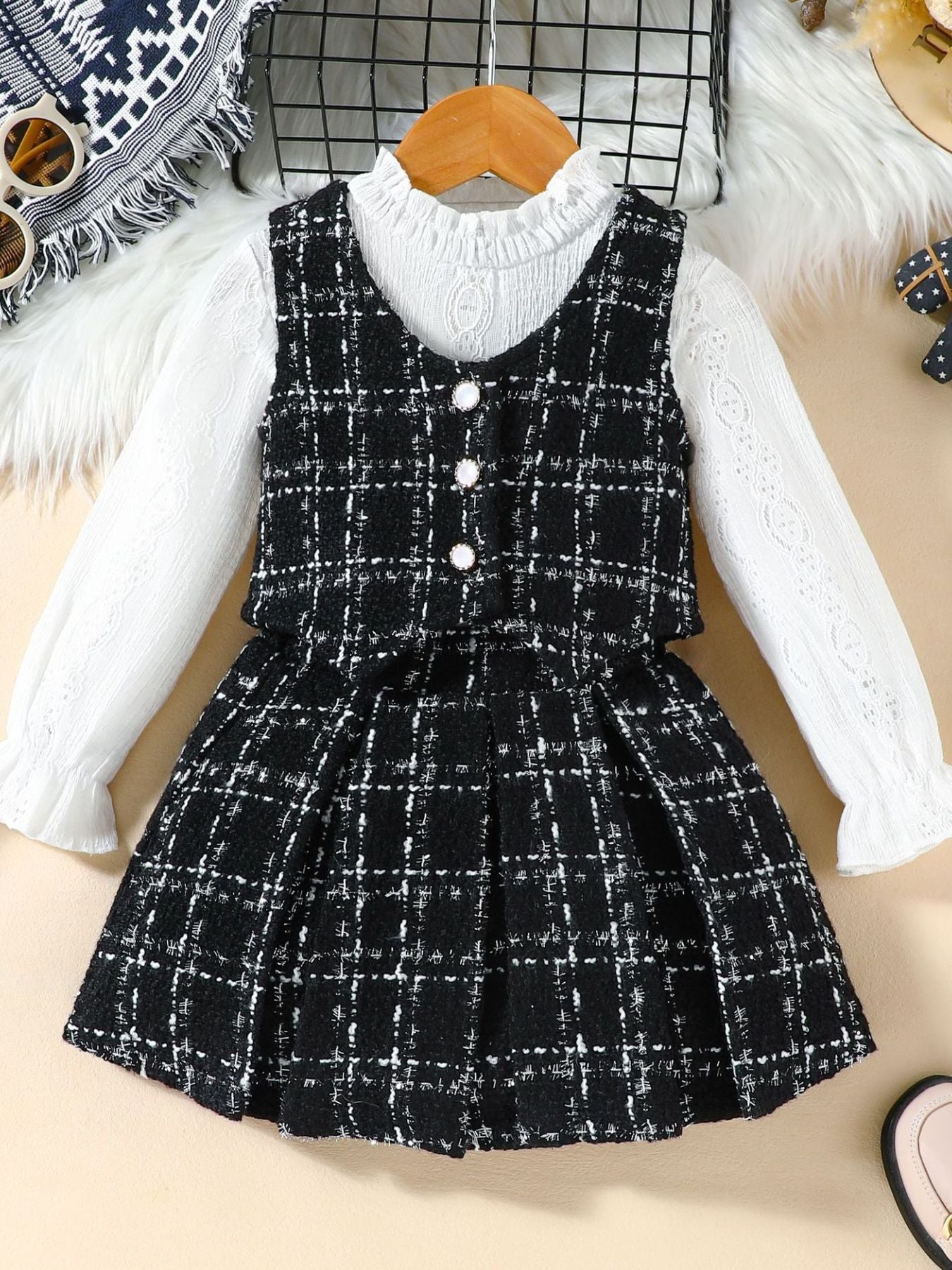 Children's Long Sleeve Top & Plaid Vest & Pleated Skirt Set