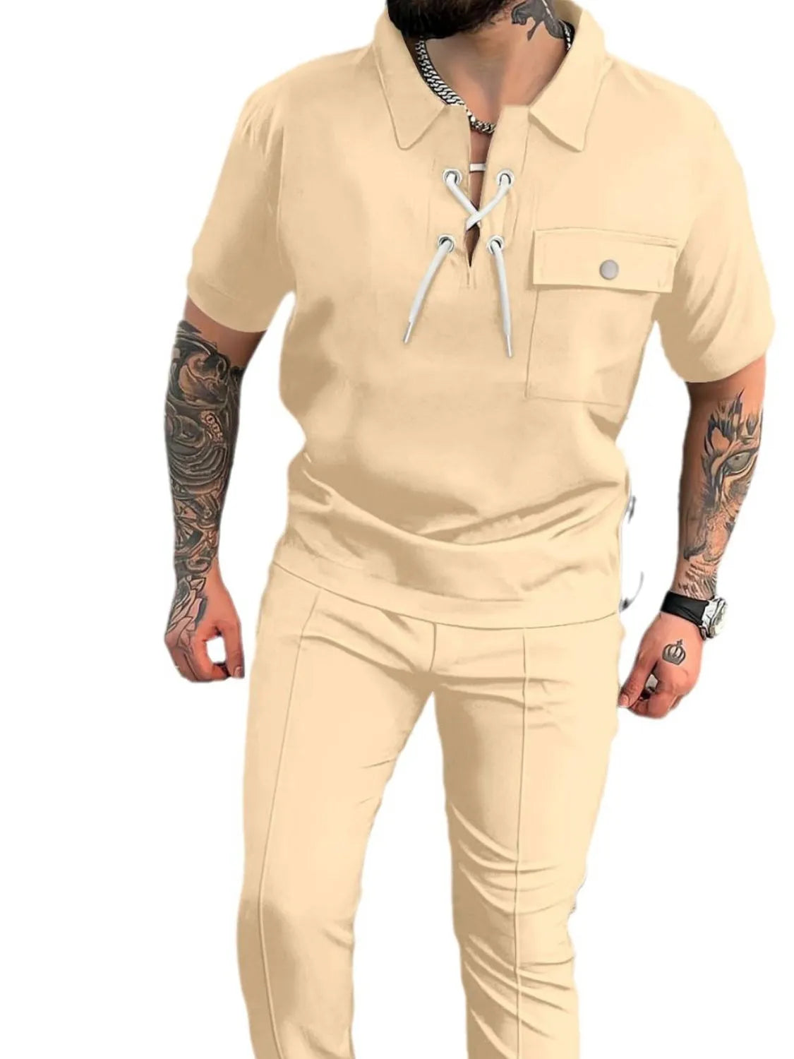 Men'sLace Up Short Sleeve Top and Pants