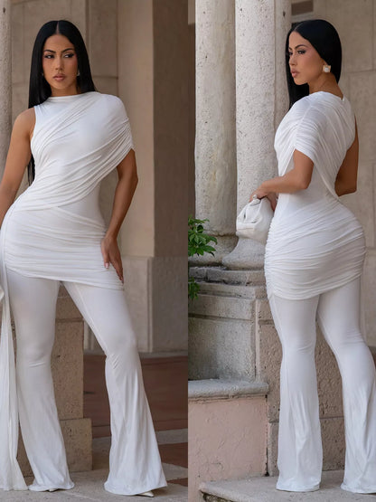 Ruched One-Shoulder Flare Leg Jumpsuit
