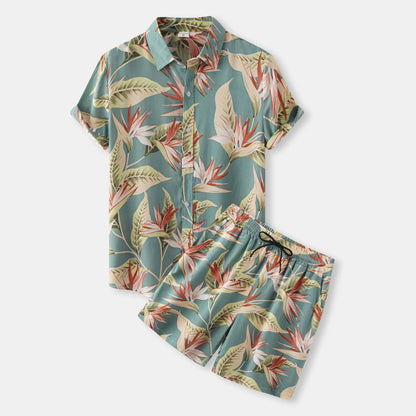 Men's Printed Button Up Shirt and Shorts Set