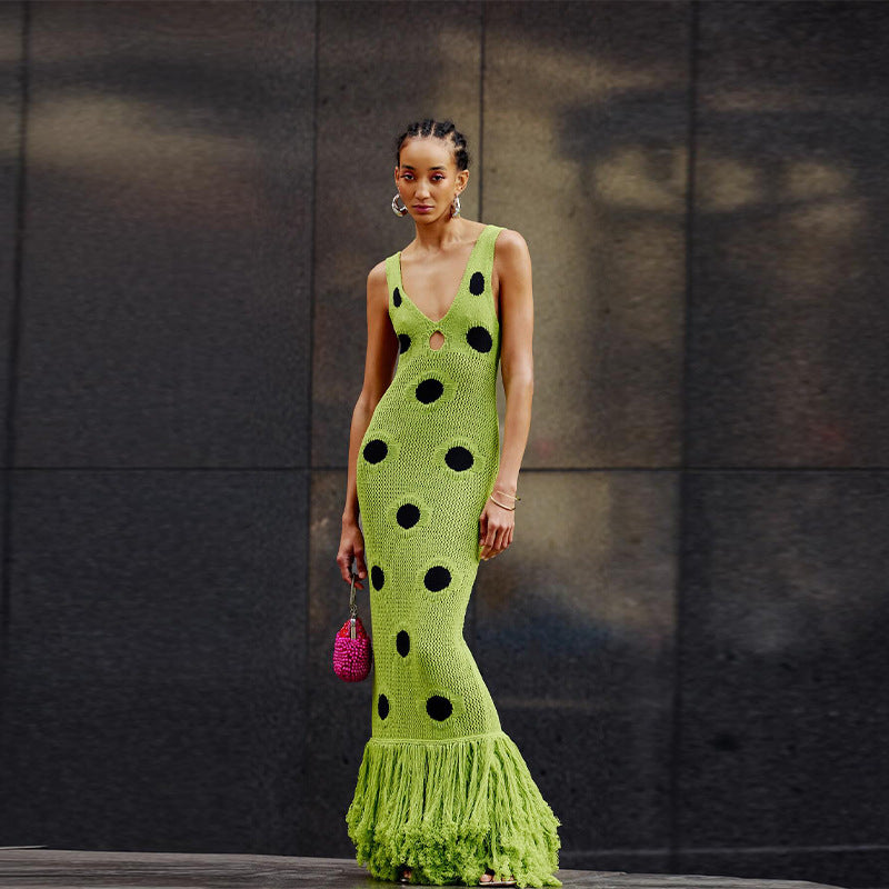 knitted dress with tassel suspender long skirt