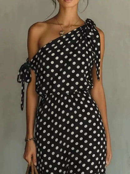 Polka Dot One-Shoulder Maxi Dress