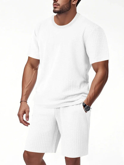 Men's Textured Round Neck Top and Shorts Set